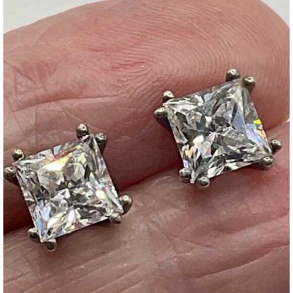 Cubic Zirconia Solitaire Earrings Sold Sterling Setting about 4 CTW Princess Cut - Picture 2 of 12